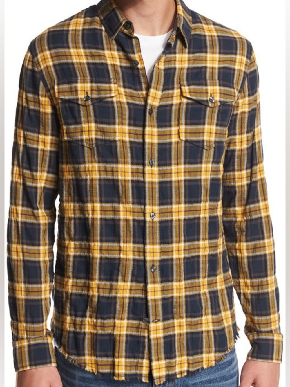 Vince mens frayed edge plaid western shirt yellow/navy sz M